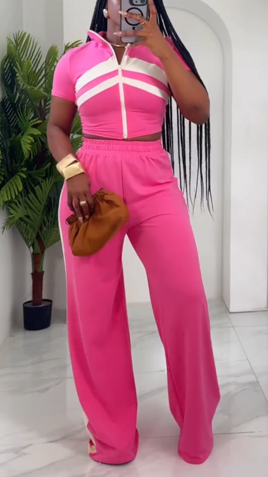 Ladies Collar Striped Zipper Top+ Pants Casual Set