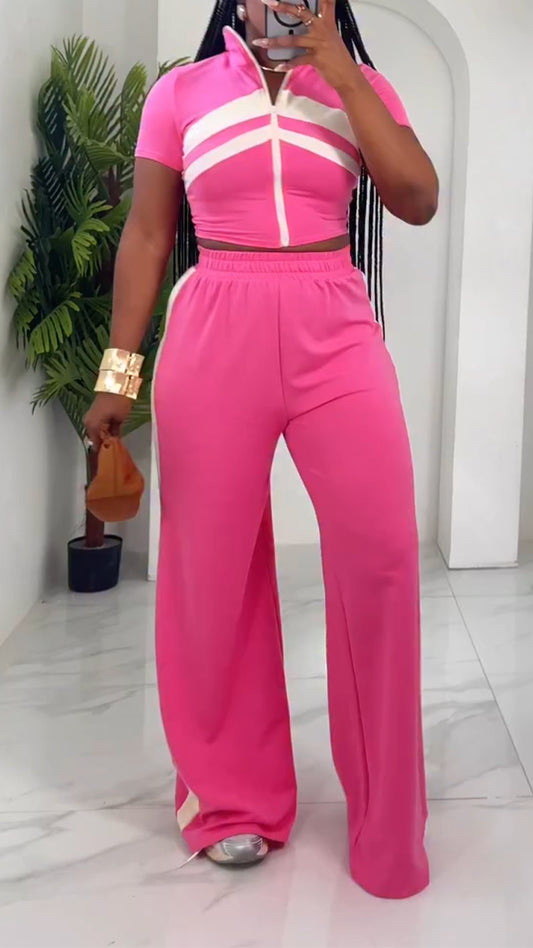 Ladies Collar Striped Zipper Top+ Pants Casual Set
