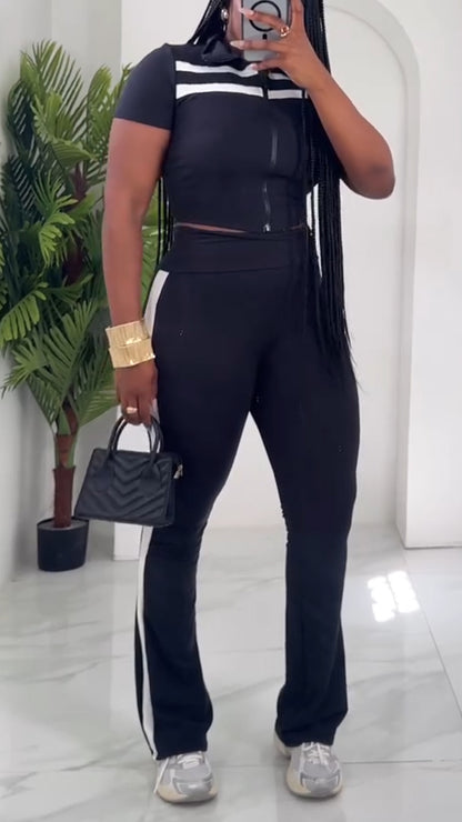 Ladies Collar Striped Zipper Top+ Pants Slim Fit Casual Set
