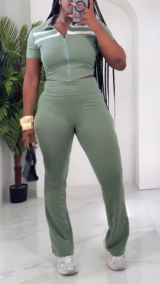 Ladies Collar Striped Zipper Top+ Pants Slim Fit Casual Set