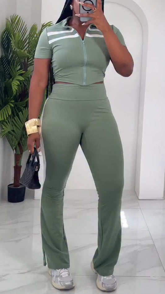 Ladies Collar Striped Zipper Top+ Pants Slim Fit Casual Set