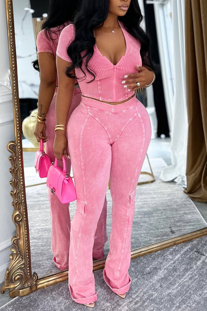 Ladies V-neck Zipper Top and Pants Slim Fit Casual Set