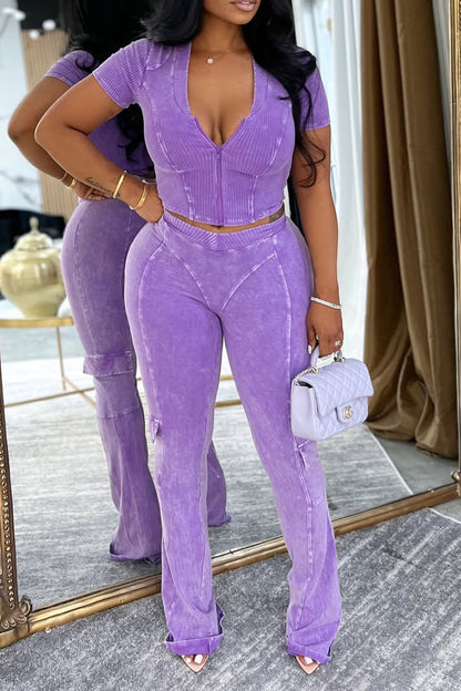 Ladies V-neck Zipper Top and Pants Slim Fit Casual Set