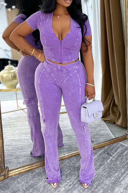 Ladies V-neck Zipper Top and Pants Slim Fit Casual Set