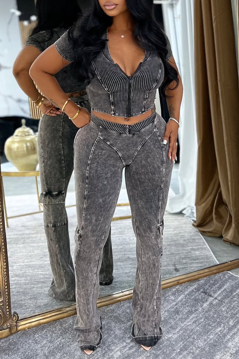 Ladies V-neck Zipper Top and Pants Slim Fit Casual Set