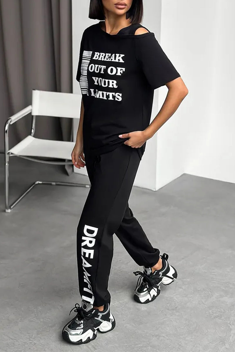 Ladies Round Neck Printed Letter Top+ Pants Casual Set