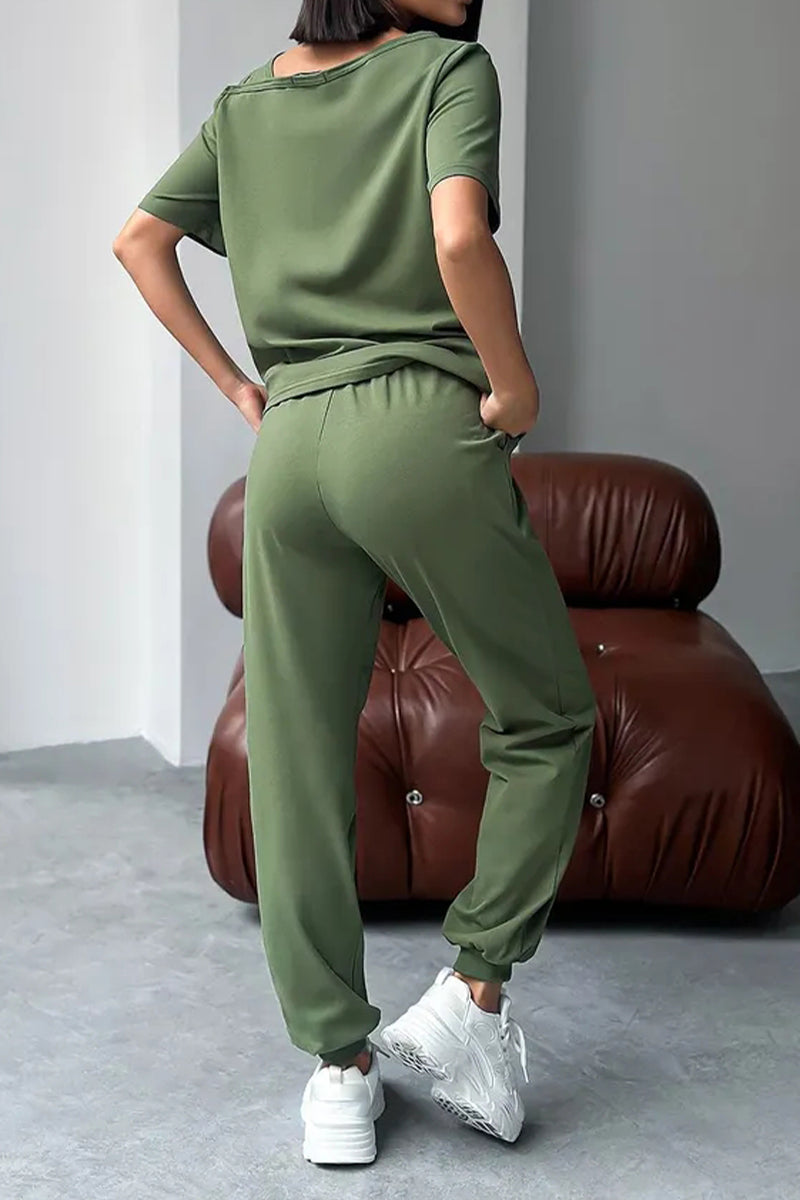 Ladies Round Neck Printed Letter Top+ Pants Casual Set