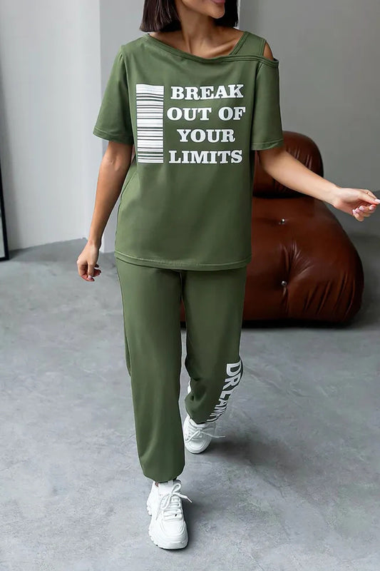 Ladies Round Neck Printed Letter Top+ Pants Casual Set