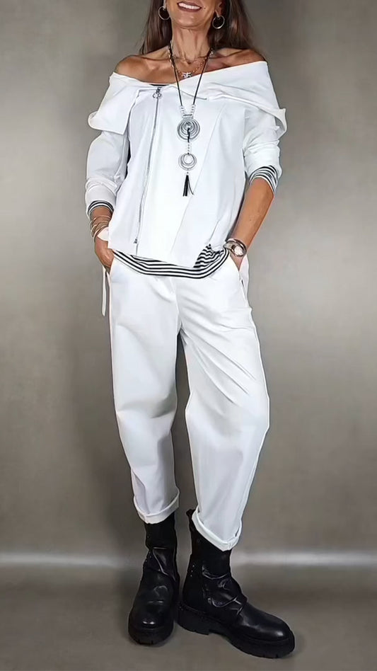 Women Collar Zipper Tops+ Pants Casual Set