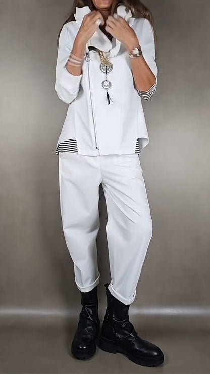 Women Collar Zipper Tops+ Pants Casual Set
