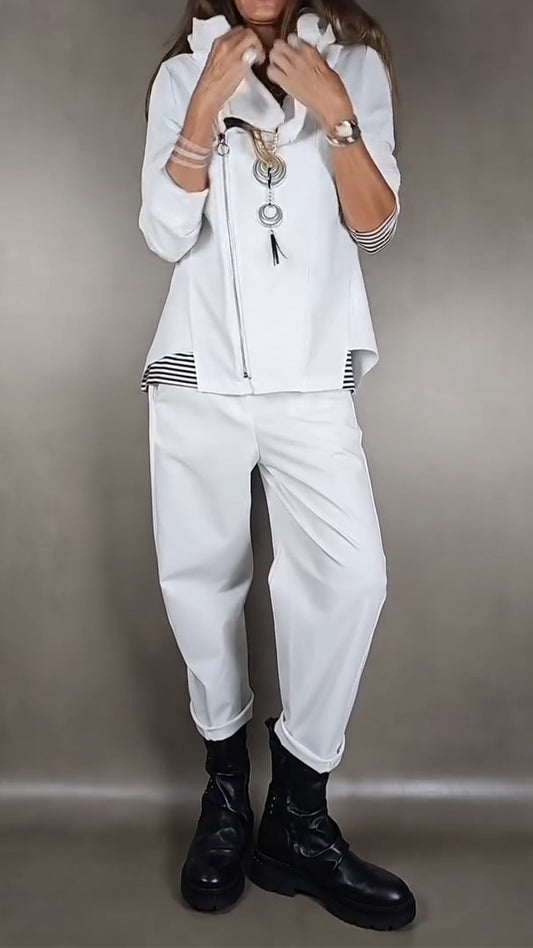 Women Collar Zipper Tops+ Pants Casual Set