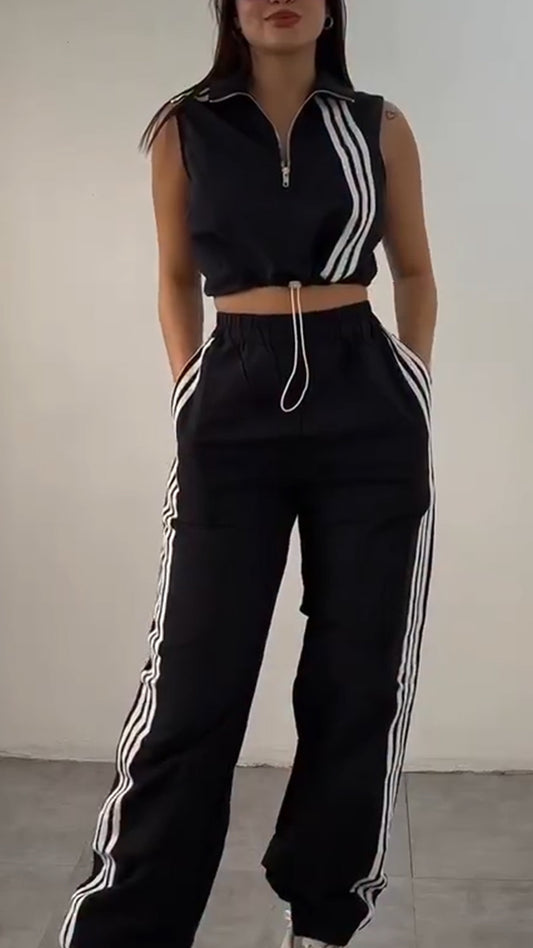 Women Collar Vertical Zipper Top+ Pants Casual Set