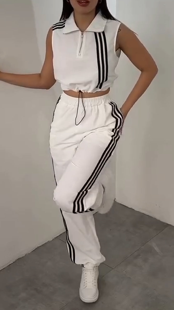 Women Collar Vertical Zipper Top+ Pants Casual Set