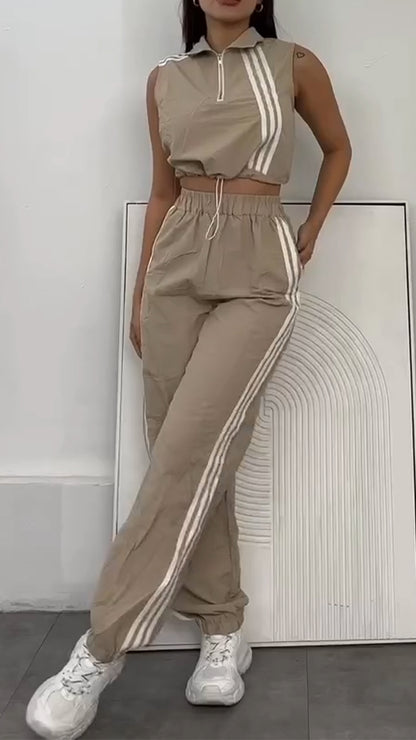Women Collar Vertical Zipper Top+ Pants Casual Set