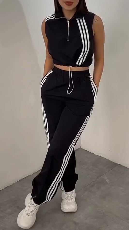 Women Collar Vertical Zipper Top+ Pants Casual Set