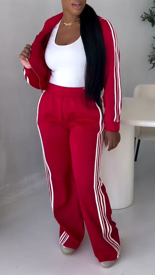 Women Collar Zipper Vertical Stripe Cardigan+ Pants Casual Set