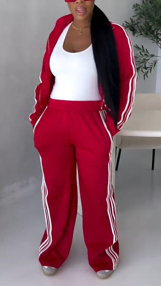 Women Collar Zipper Vertical Stripe Cardigan+ Pants Casual Set