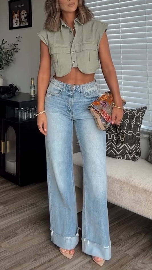 Ladies Collar Irregular Top+ Wash Pants Casual Set