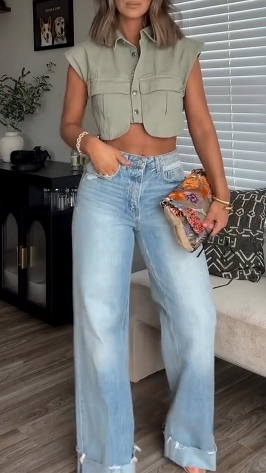 Ladies Collar Irregular Top+ Wash Pants Casual Set