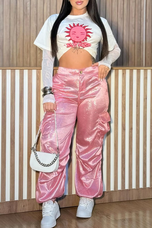 Ladies Round Neck Printed Top and Pants Casual Set