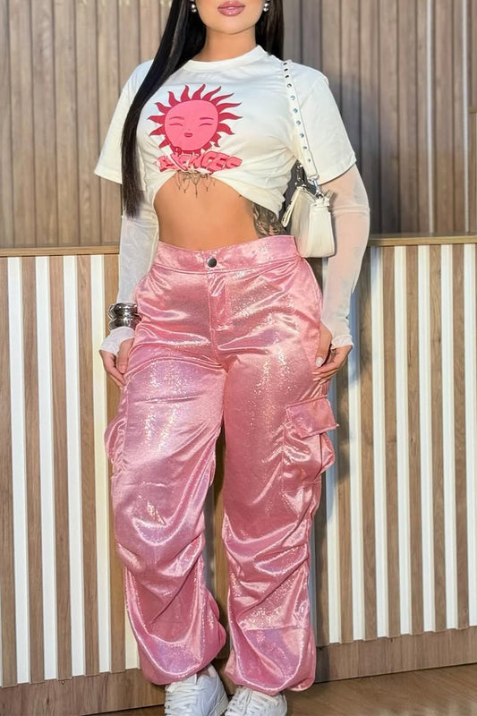 Ladies Round Neck Printed Top and Pants Casual Set