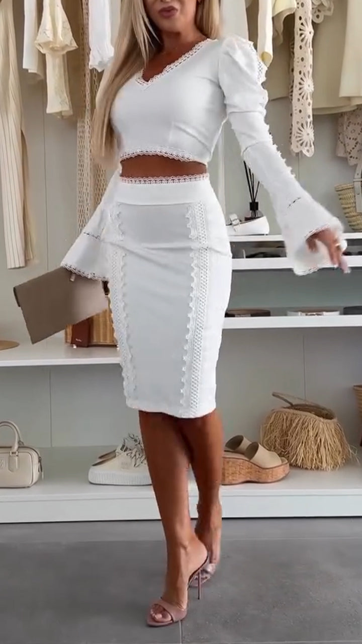 Ladies Round Neck Patchwork Top+ Skirt Elegant Temperament Set