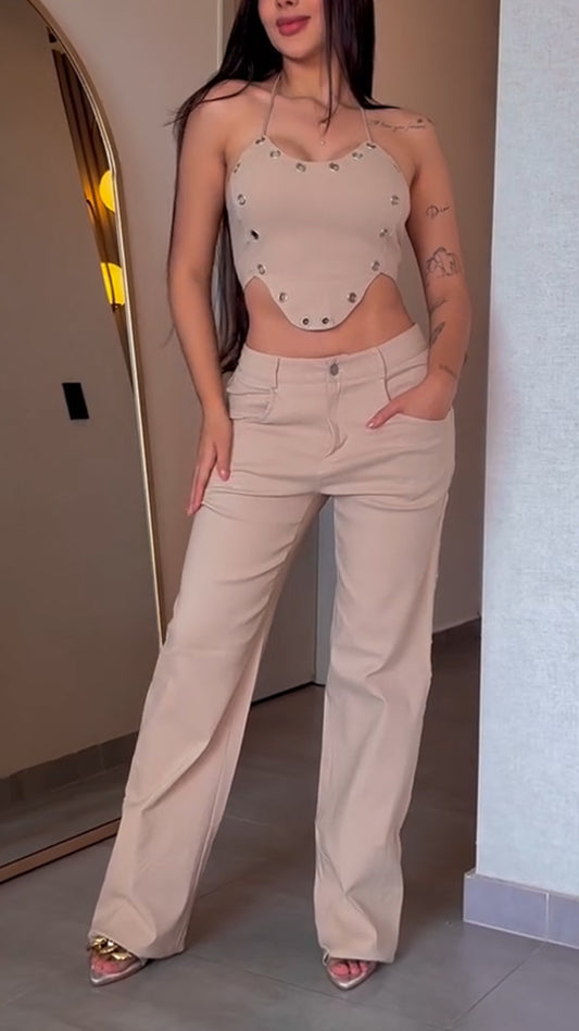 Ladies Neck Hanging Irregular Top+ Hollowed Out Pants with A Casual Temperament Suit