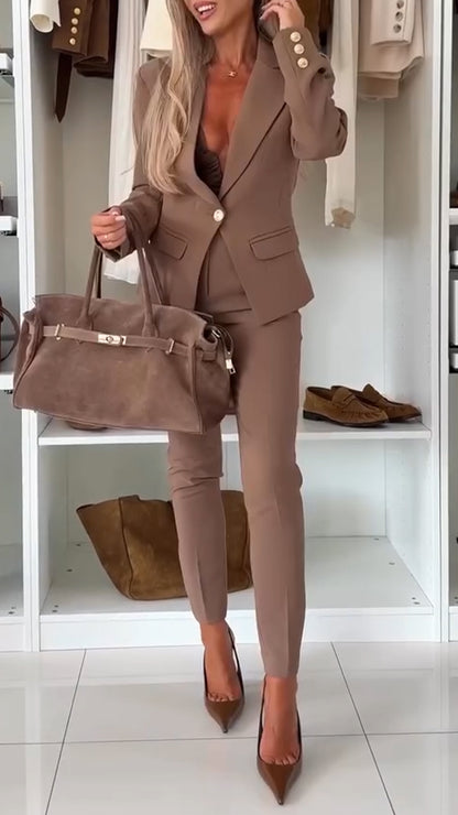 Women Collar Jacket+ Pants Solid Color Temperament Casual Suit