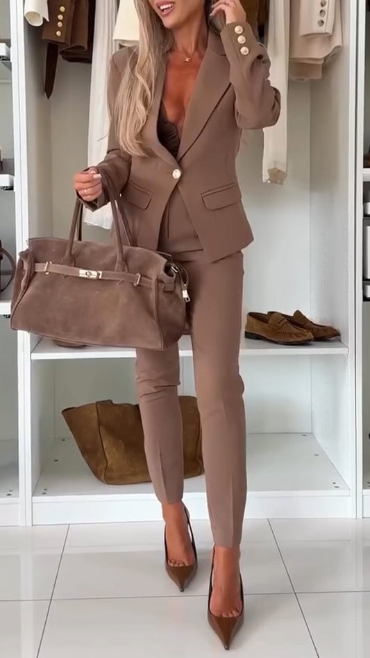 Women Collar Jacket+ Pants Solid Color Temperament Casual Suit