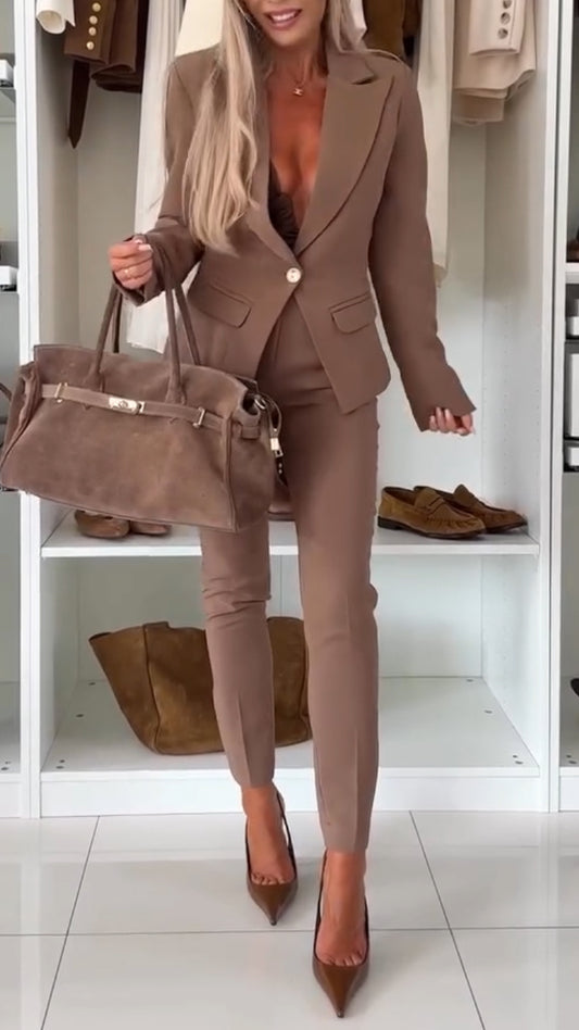 Women Collar Jacket+ Pants Solid Color Temperament Casual Suit