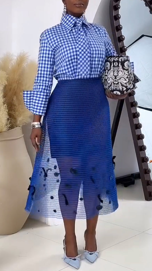 Ladies Collar Plaid Shirt+ See Through Skirt Casual Set