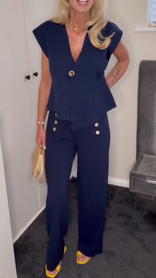 Ladies V-neck Irregular Top+ Pants with A Casual Temperament Suit