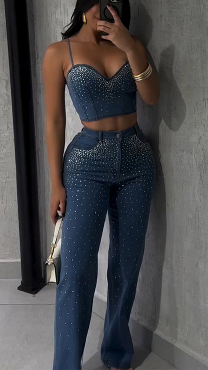 Ladies Spaghetti Strap Hot Stamping Top+ Pants Casual Set