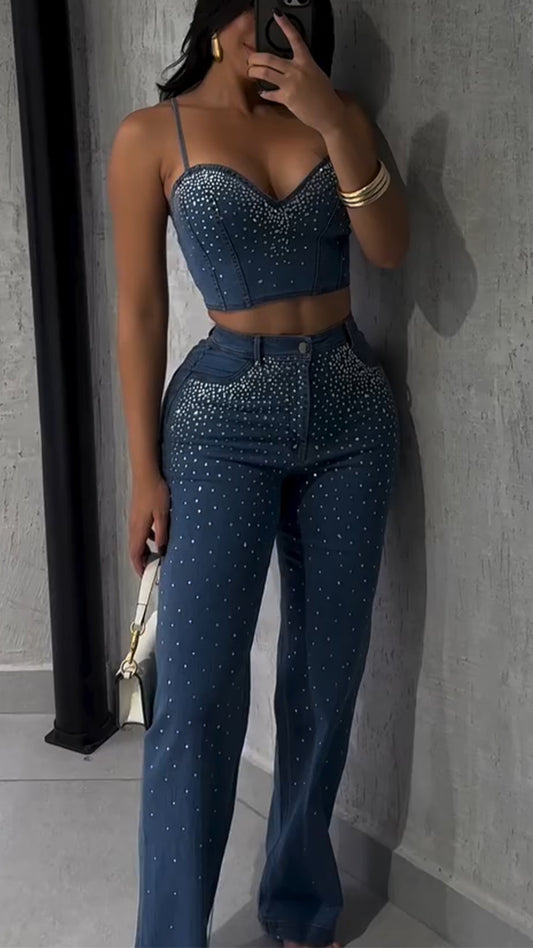 Ladies Spaghetti Strap Hot Stamping Top+ Pants Casual Set