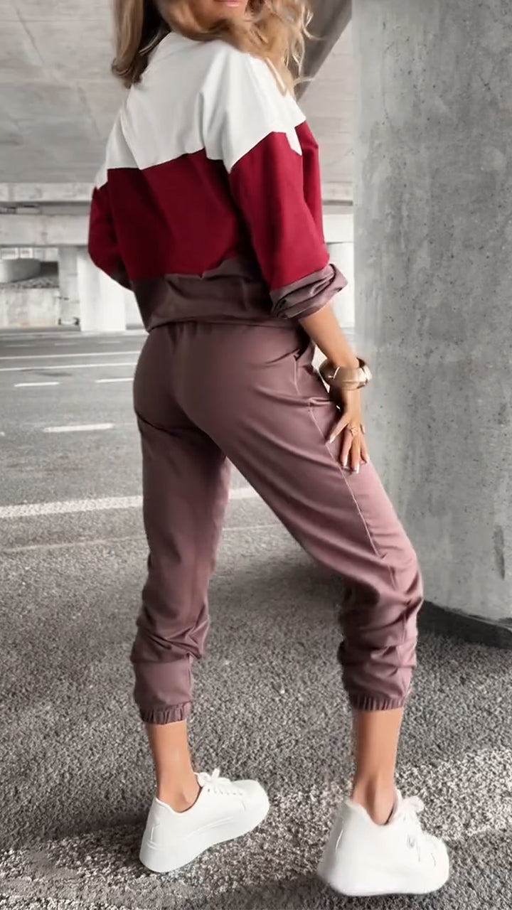 Women Round Neck Contrasting Top + Pants Casual Suit