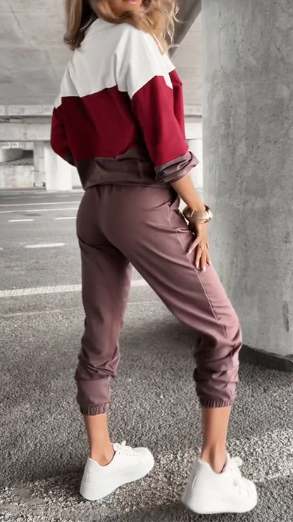 Women Round Neck Contrasting Top + Pants Casual Suit