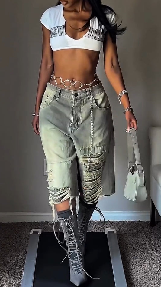 Women Low-neck Printed Letter Short Top + Scratches Washing-up Jeans Hot Girl Casual Suit