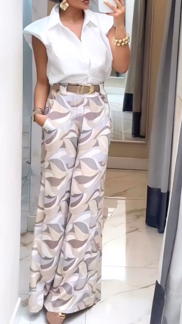 Ladies' Lapel Shirt + Printed Pants Temperament Casual Suit