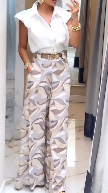 Ladies' Lapel Shirt + Printed Pants Temperament Casual Suit