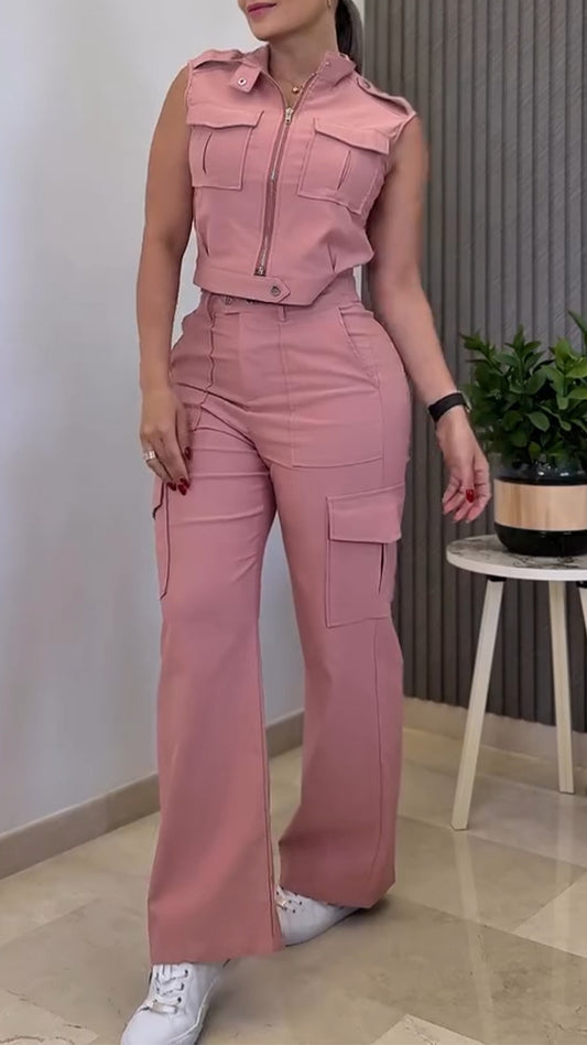 Ladies' Round Neck Zipper Splicing Top + Pants Casual Suit