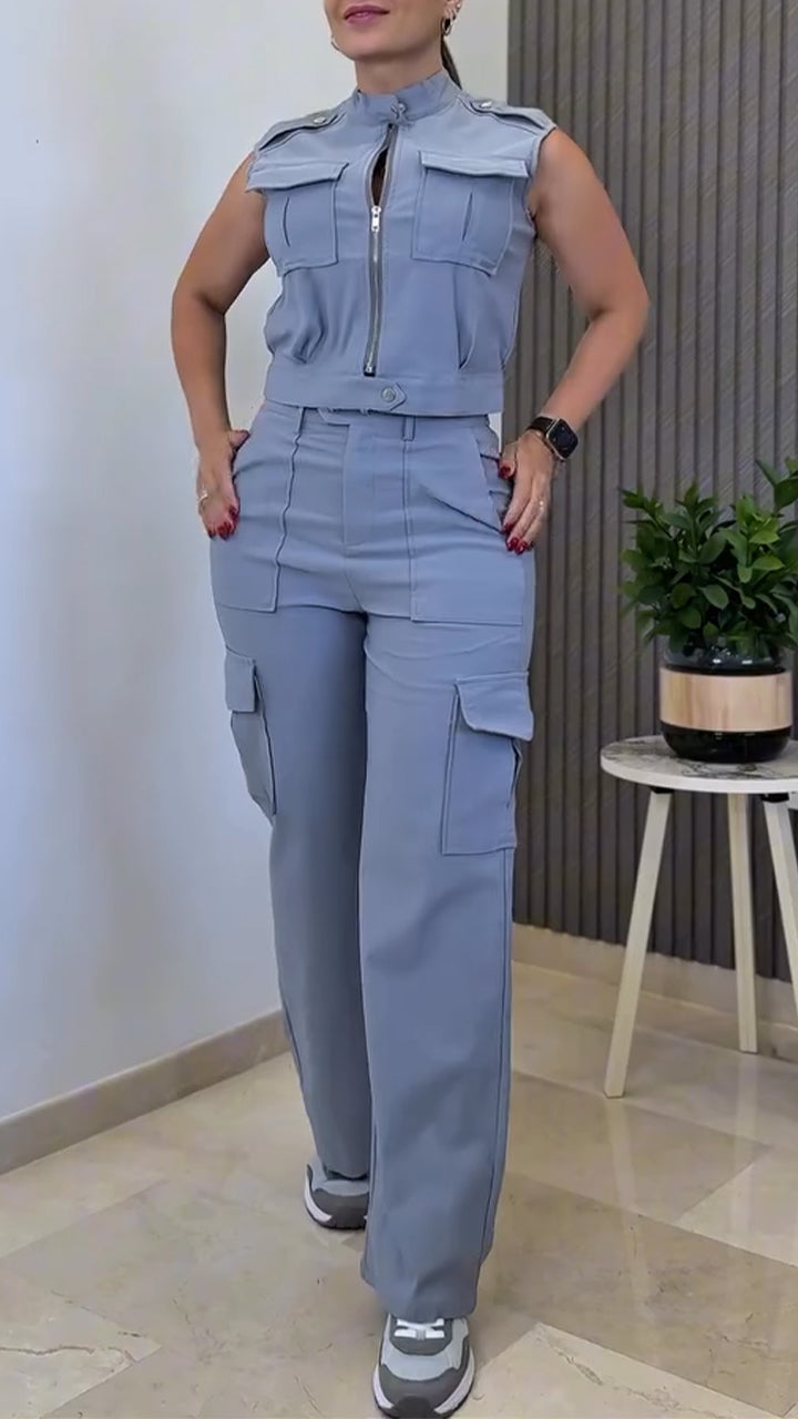 Ladies' Round Neck Zipper Splicing Top + Pants Casual Suit