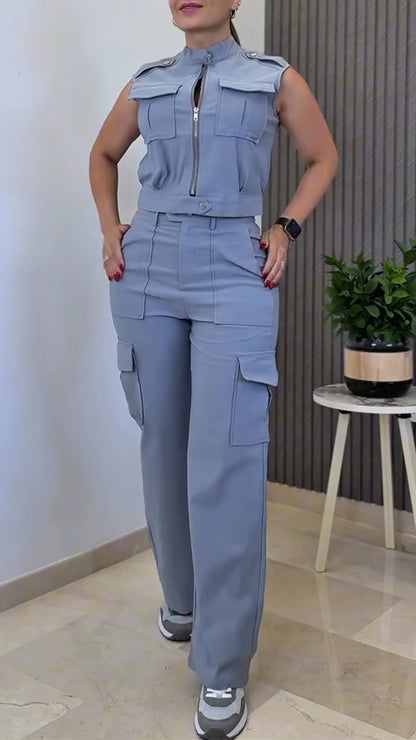 Ladies' Round Neck Zipper Splicing Top + Pants Casual Suit