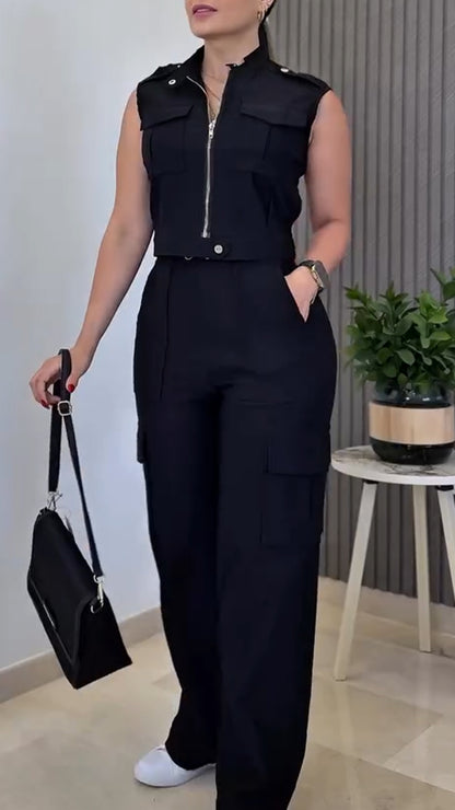 Ladies' Round Neck Zipper Splicing Top + Pants Casual Suit
