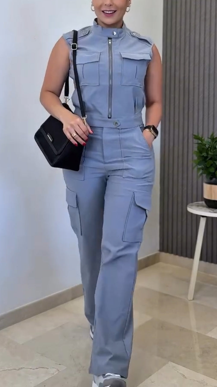 Ladies' Round Neck Zipper Splicing Top + Pants Casual Suit