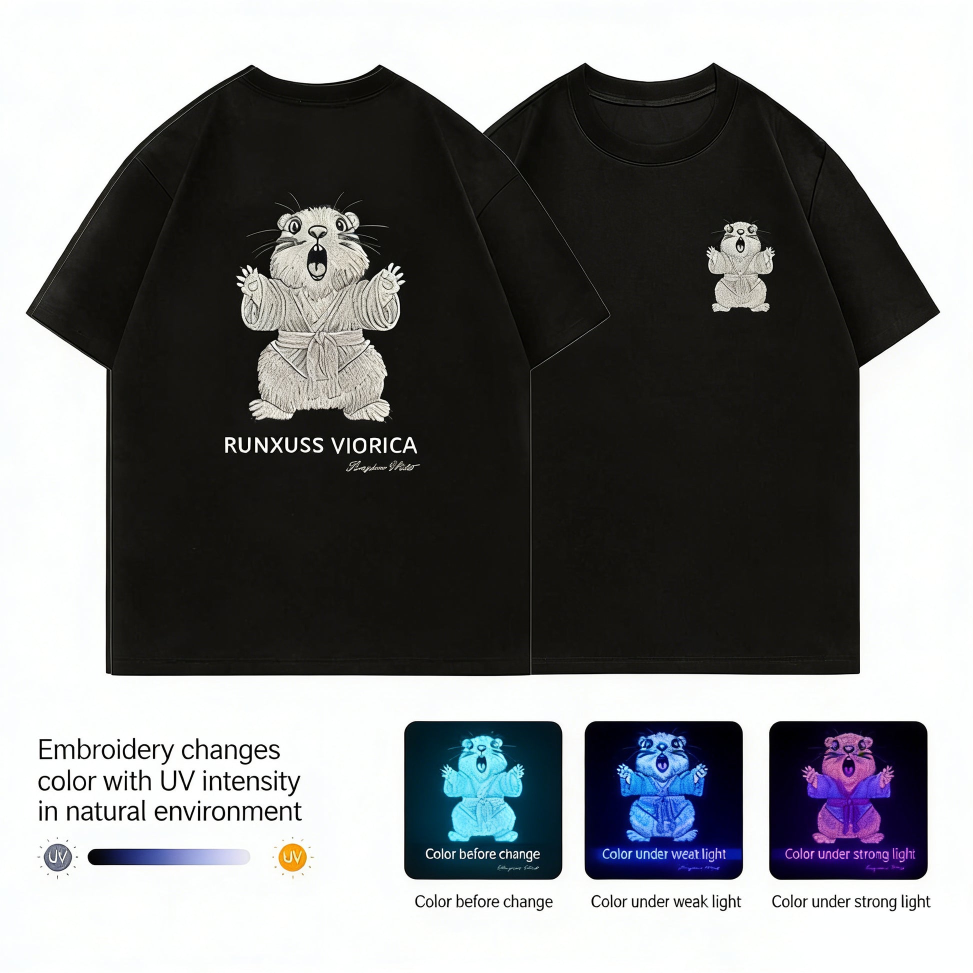 Light-sensitive color-changing embroidered marmot letter crew neck short-sleeved shirt - MATCHING MASTER
