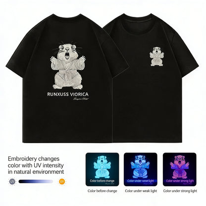 Light-sensitive color-changing embroidered marmot letter crew neck short-sleeved shirt - MATCHING MASTER