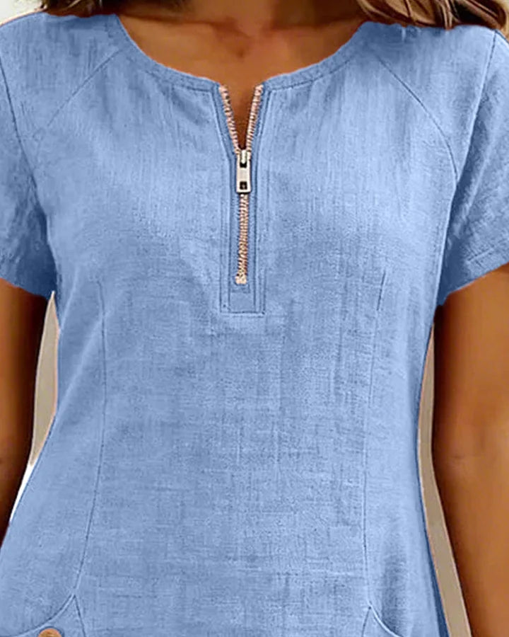 Zipper Pocket Cotton Linen Dress - MATCHING MASTER