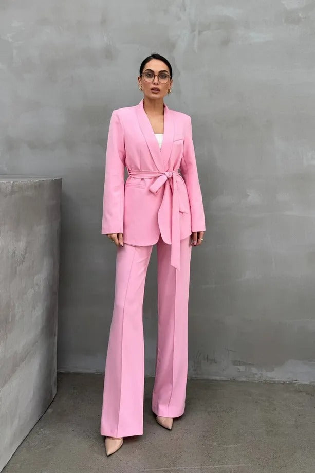 Ladies' Double Belted Blazer Jacket and Trouser Set