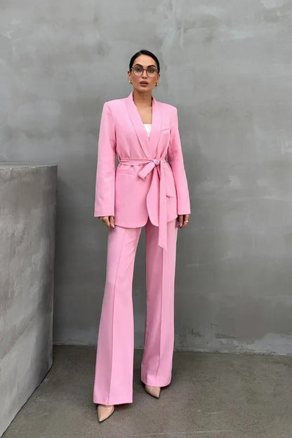 Ladies' Double Belted Blazer Jacket and Trouser Set