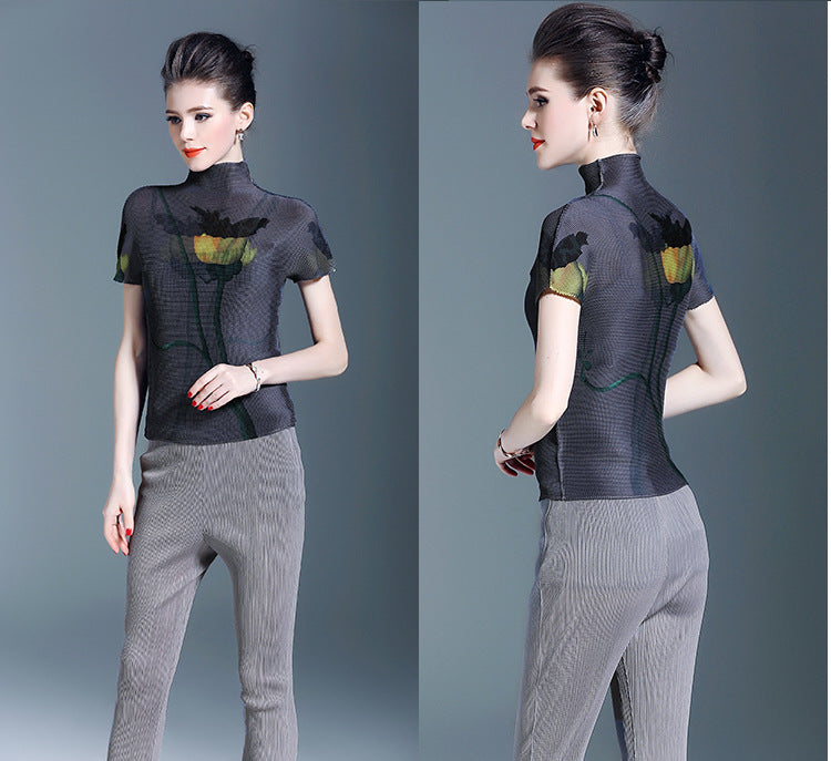 BundleWear™ Art-Print Pleated Tee | Micro-Pleated Mock Neck & Oil-Painting Floral Top